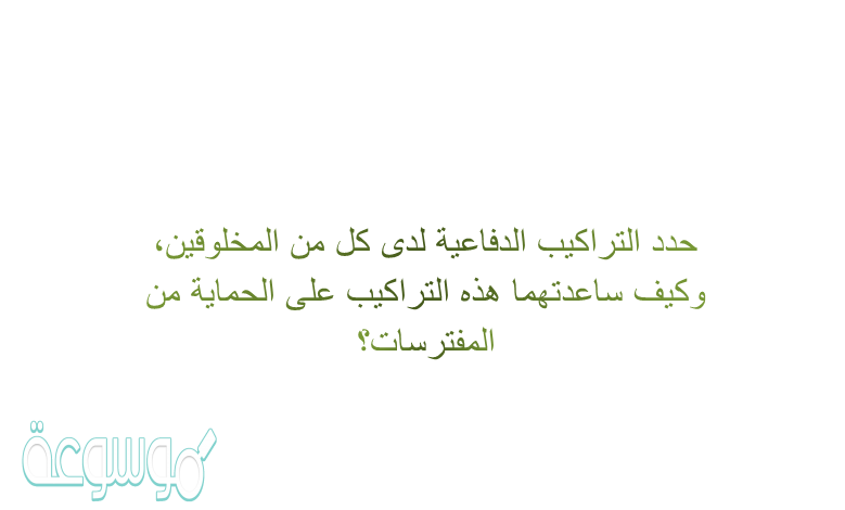 حدد التراكيب الدفاعية لدى كل من المخلوقين، وكيف ساعدتهما هذه التراكيب على الحماية من المفترسات؟