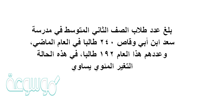 بلغ عدد طلاب الصف الثاني المتوسط في مدرسة سعد ابن أبي وقاص ٢٤٠ طالبا في العام الماضي، وعددهم هذا العام ١٩٢ طالبا. في هذه الحالة التغير المئوي يساوي